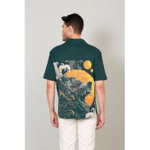 Selfusion Men's Emerald Green Tiger and Wolf Graphic Printed Cuban Collar Shirt