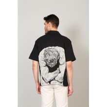 Selfusion Men's Black Cuban Collar Artistic Back Graphic Print Shirt