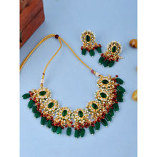 Shoshaa Gold Platead Green Red Kundan Beaded Jewellery Set