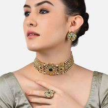 Zaveri Pearls Green Traditional Kundan Choker Necklace Earring & Ring Set-ZPFK11072