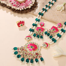 Zaveri Pearls Set Of 3 Green & Pink Meenakari Design Long Necklace Earring and Ring Set-ZPFK14812