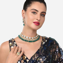 Zaveri Pearls Set Of 3 Green Beads Statement Kundan Choker Necklace Earring and Ring Set-ZPFK14814