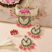 Zaveri Pearls Set Of 3 Green Pink Meenakari Lotus Necklace Earring and Ring Set-ZPFK14831