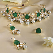 Zaveri Pearls Green Stones Dazzling Kundan Necklace Earring & Ring Set-ZPFK15198