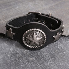 UNKNOWN by Ayesha Thick Black Leather Bracelet With A Metallic Silver Pentacle And Star Rivets For Men