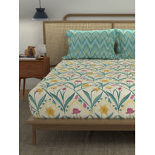 Urban Space Spring Turquoise Cotton Bedsheet with 2 Pillow Covers (Queen)