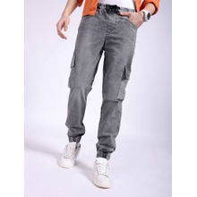 The Indian Garage Co Men Solid Mid Rise Stretchable Denim Cargo Joggers Grey