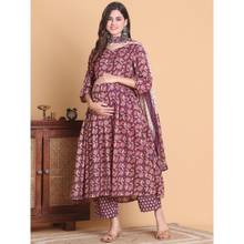 Secret Wish Purple Floral Cotton Calf Length Maternity Anarkali Pant with Dupatta (Set of 3)