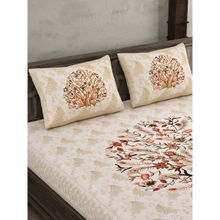 JAIPUR FABRIC 180 Tc Dancing Peacock Jaipuri Print Double King Bedsheet With 2 Pillow Covers Beige