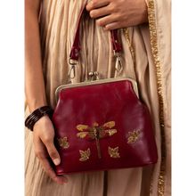 Miri Maroon Hand Embroidered Dragonfly Vintage Clutch with Detachable Strap