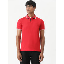 Greenfibre Red Cotton Blend Solid Slim Fit Polo T-Shirt