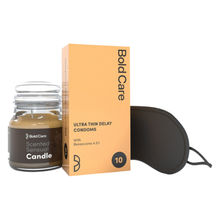 Bold Care Ultra Thin Long Last Condoms + Sandalwood Candle + Blindfold Combo Pack for Couples