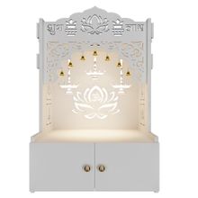 WallMantra Lotus White Finish Wooden Wall Temple for Home with Inbuilt focus Lights & Spacious Shelf
