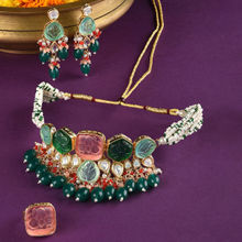 Zaveri Pearls Set Of 3 Multi-Color Kundan Choker Necklace Earring and Ring Set-ZPFK15095