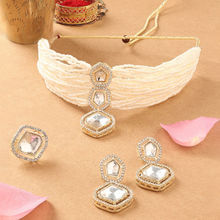 Zaveri Pearls Gold Tone Multistrand Beaded AD Choker Necklace Earring Ring-ZPFK16762 (Set of 3)