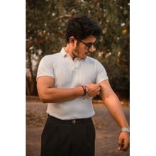 JAVINISHKA White Knitted Pure Cotton Slim Fit Polo T-Shirt