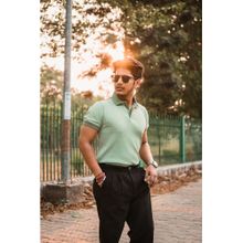 JAVINISHKA Mint Green Knitted Pure Cotton Slim Fit Polo T-Shirt