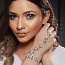 Saraf RS Jewellery Silver Toned CZ Studded Floral Designer Hathphool Ring Bracelet