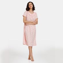 Zivame Floating Florals Woven Mid Length Nightdress - Strawberry Cream Pink