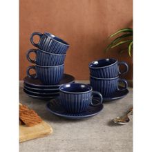 MIAH Decor Blue Hand Glazed Studio Pottery Ceramic Tea Cups & Saucers Set of 6