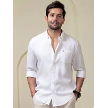 Perch Men White Linen Cotton Button Down Solid Shirt