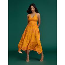 Gajra Gang Global Gypsy Yellow Rayon Bandhani Halter Neck Dress