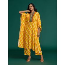 Gajra Gang Yellow Rayon Bandhani Neck Embellished Kaftan Kurta & Pant Global Gypsy