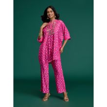 Gajra Gang Global Gypsy Pink Rayon Bandhani Coin Embellished Kaftan Kurta & Pant