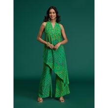 Gajra Gang Global Gypsy Green Rayon Bandhani Asymmetric Kurta & Pant