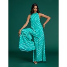 Gajra Gang Global Gypsy Aqua Blue Rayon Bandhani Halter Neck Kurta & Sharara