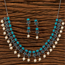 Fida Wedding Silver-Toned &Turquoise Blue Floral Designed Oxidised Jewellery Set