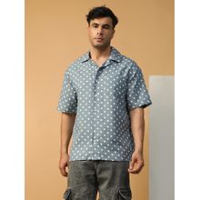 Oxolloxo Men Blue Polka Dot Print Collar Neck Short Sleeve Button Down Oversized Shirt