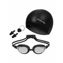 Strauss Black Swimming Anti Fog Protection Goggles and Earplug Nose Clip with Cap (Set of 4)