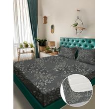 Rosara Home Dark Grey Floral 180 TC Fitted Bedsheet with 2 Pillow Covers (King)