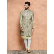 KISAH Men Olive green Embroidery Silk Blend Kurta Indowestern Sherwani Churidar Set with Ethnic Motifs