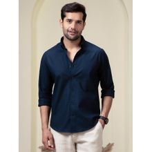 Perch Men Navy Blue Linen Cotton Button Down Solid Shirt