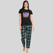 Kryptic Womens Cotton Black and Green Relaxed Fit Pyjama (Set of 2)
