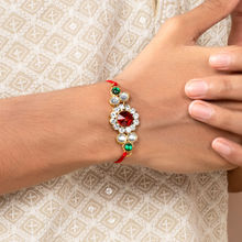 Peora Handmade Kundan Rakhi with Raksha Bandhan Greeting Card Roli Chawal R25C02 (Set of 6)