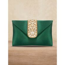 Peora Green Gold-Toned Embellished Buckle Detail Purse Clutch -C61GRN