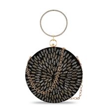 Anekaant Gala Black and Gold Floral Embroidered Velvet Clutch