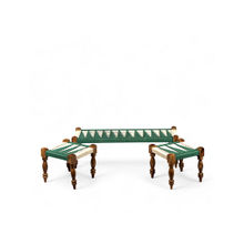 Ikiriya HaSheesham Wood 2 Seater Maachi Bench set with 2 Stools in Green & White Rope Canning (1 Year Warranty)