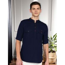 KUONS AVENUE Men's Plum Navy Blue Linen Cotton Short Pathani Kurta