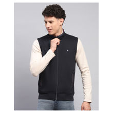 Monte Carlo Men Solid Mock Neck Cotton Blend Navy Blue Sweatshirt