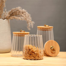 Bonhomie Pack of 3 Textured Glass Jar with Wooden Lid