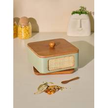Brick Brown Jali Wooden Masala Box with Lid 9 Stainless Steel Containers & Wooden Spoon