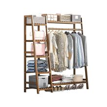 House of Quirk Tan Bamboo Wood Garment Clothing Rack with 5 Tiers Storage Shelf Corner
