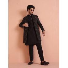 KISAH Men Black Textured Silk Blend Jacquard Kurta Indowestern Sherwani Trouser Set with Floral Design