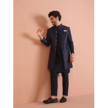 KISAH Men Navy Blue Silk Blend Jacquard Kurta Indowestern Sherwani Trouser Set with Ethnic Motifs