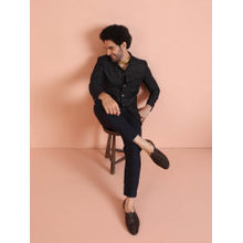 KISAH Men Navy Blue Textured Silk Blend Jacquard Jodhpuri Bandhgala Trouser Set with Self Design