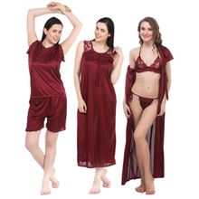 Fasense Women Satin Nightwear 6 PCs Set Of Nighty, Robe, Top, Shorts, Bra & Thong - Maroon